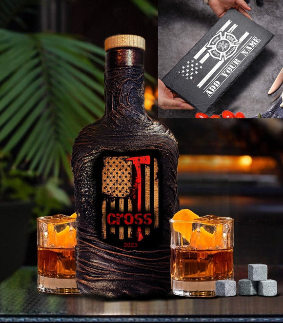 Fireman whiskey Decanter set liquor bar gift for men slate serving tray engraving 