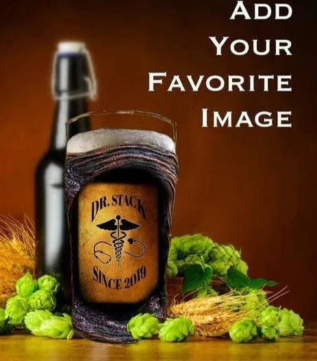 Collage of a beer bottle and glass with hops, a slate platter with food, and a gift set with a bow.