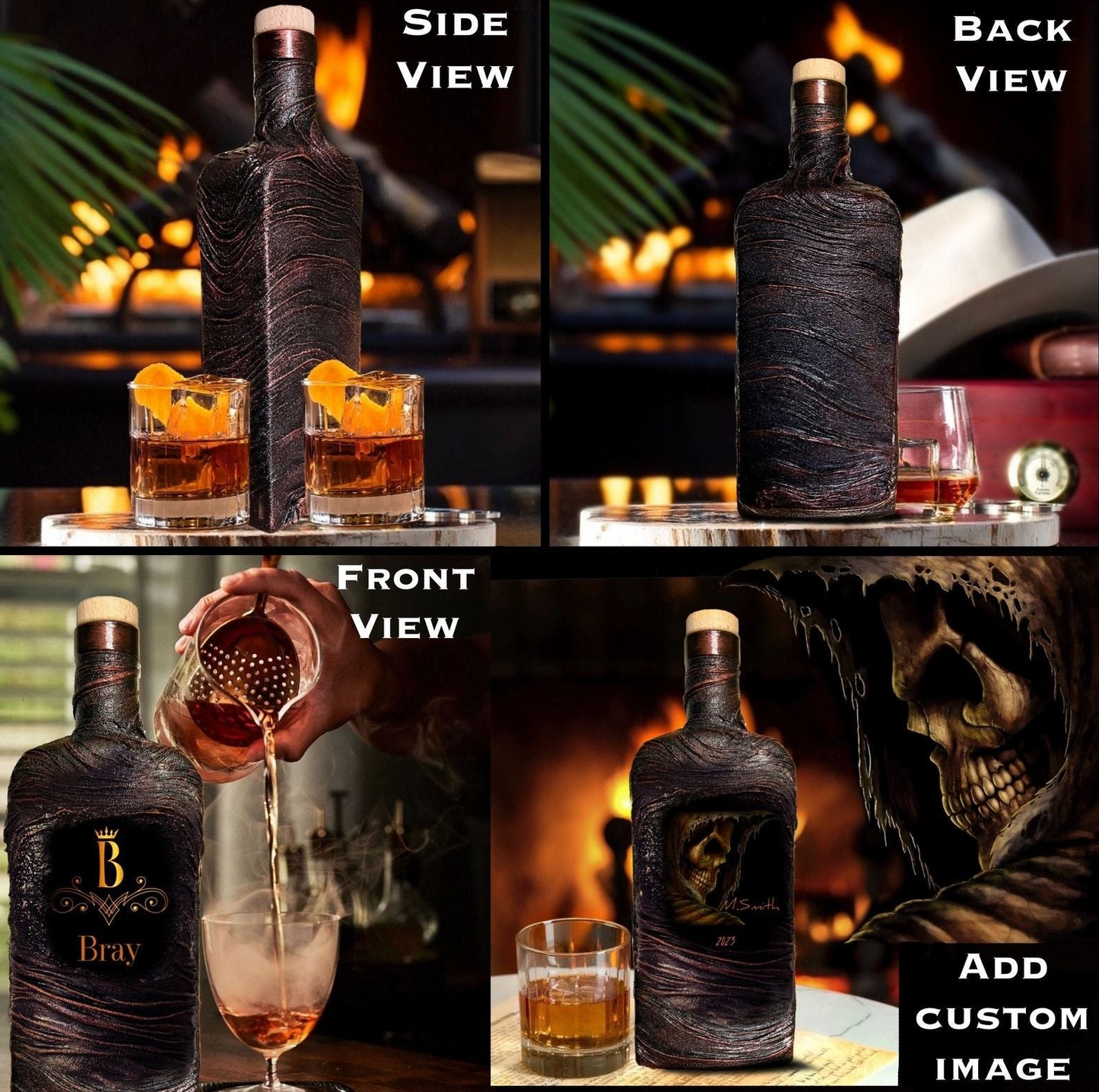 Monogrammed Scorpio skull monogrammed whiskey Decanter set glasses Customized monogram gift bar man Custom image photo Lava Design