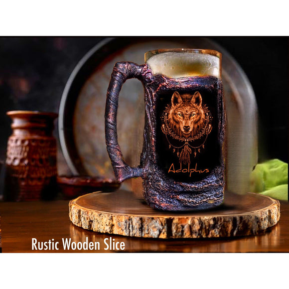 Wolf beer mag personalized hunting hunters barware gift