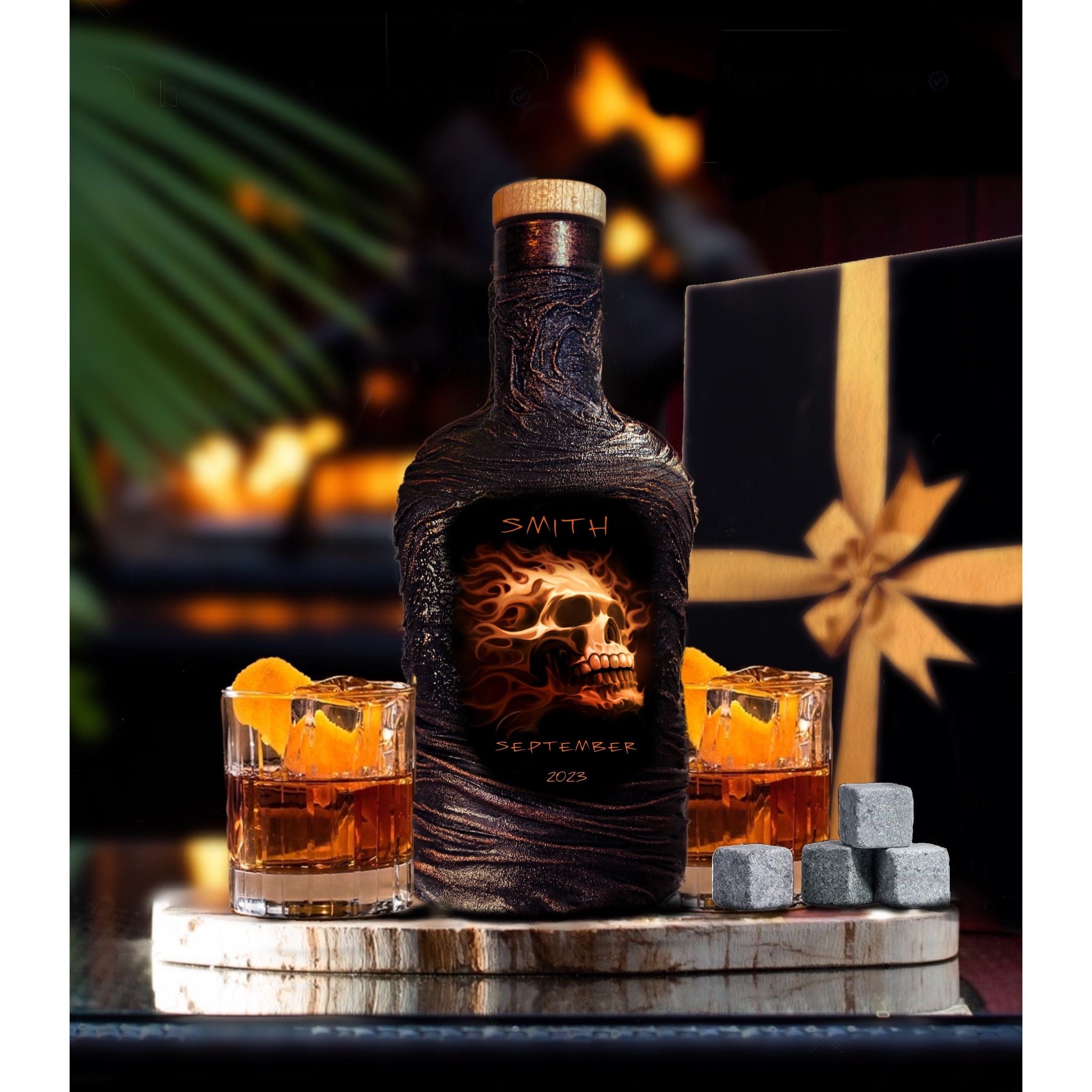 Drinking man decanter whiskey glasses gift for him custom birthday gift husband Customized image photo Skulls skull