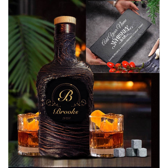 Customised whiskey decanter set glasses stone tray monogrammed monogram 