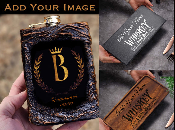 Monogrammed whiskey flask slate wood serving tray monogram flask custom