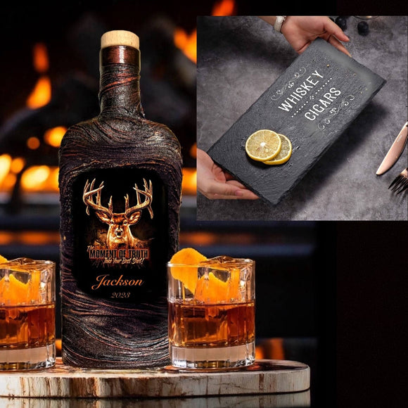 Deer whiskey Decanter set slate Stone serving tray food glasses personalized liquor gift set bar 