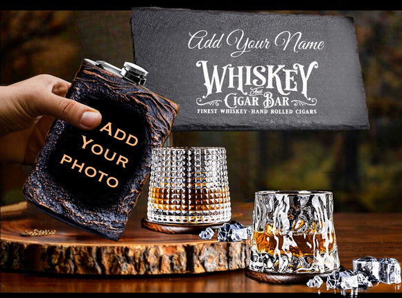Whiskey flask glasses serving tray slate wood coasters costume images 