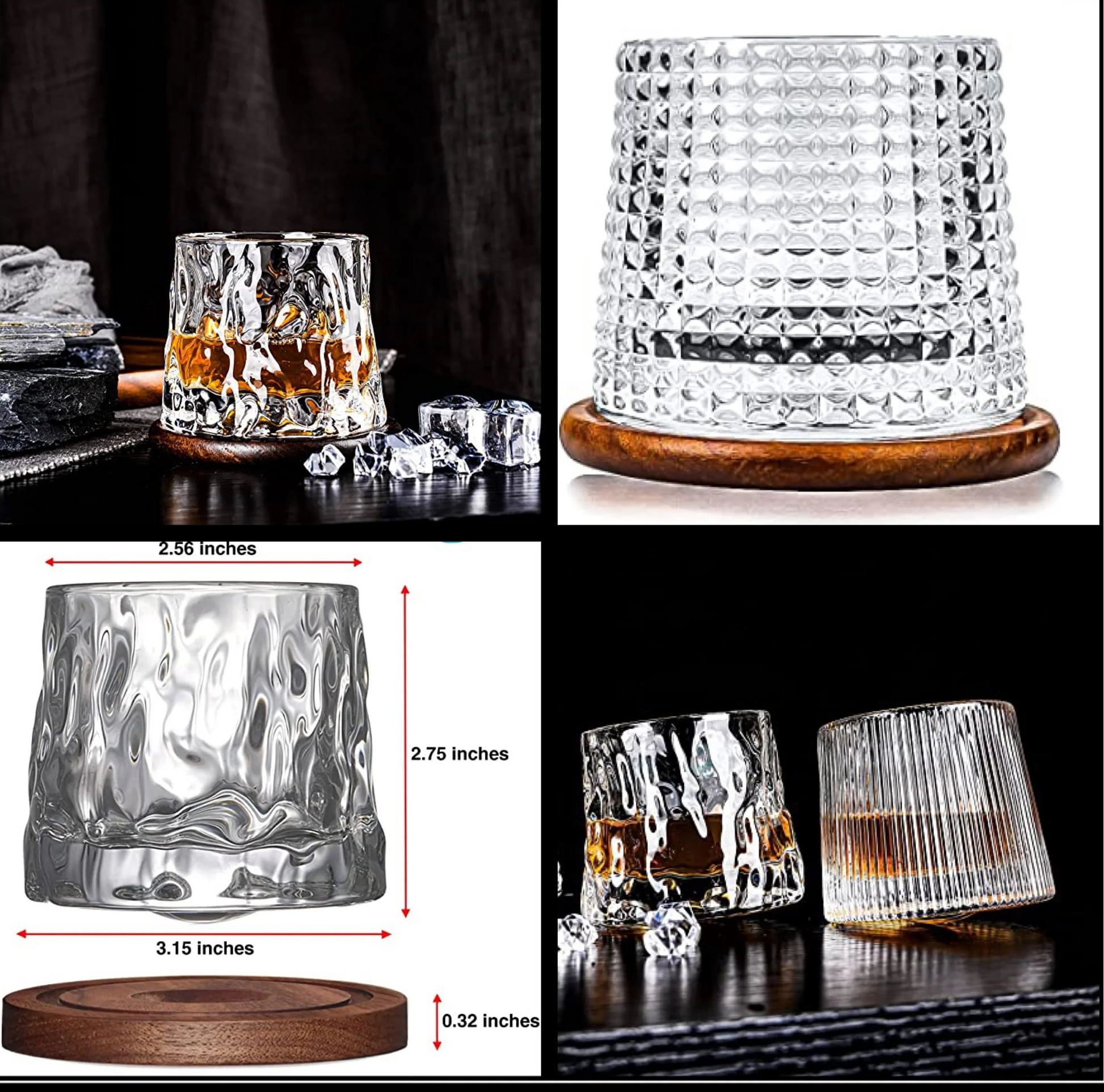 Collage of glass tumblers with wooden bases, one with measurement details.