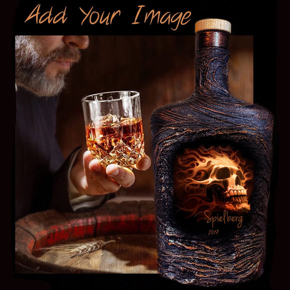 Whiskey decanter set glasses Unique Lava Design skull fire custom order personalized man drinking 