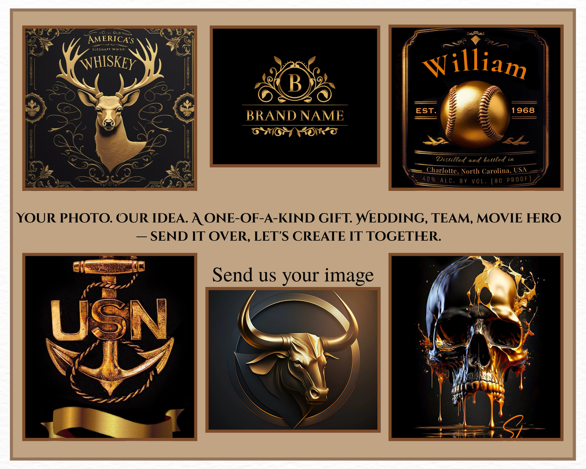 A promotional graphic showing six black-and-gold custom graphic design templates with decorative text and imagery, including a deer head, a baseball, an anchor, a bull skull, and a dripping skull. Large text reads 'YOUR PHOTO, OUR IDEA.