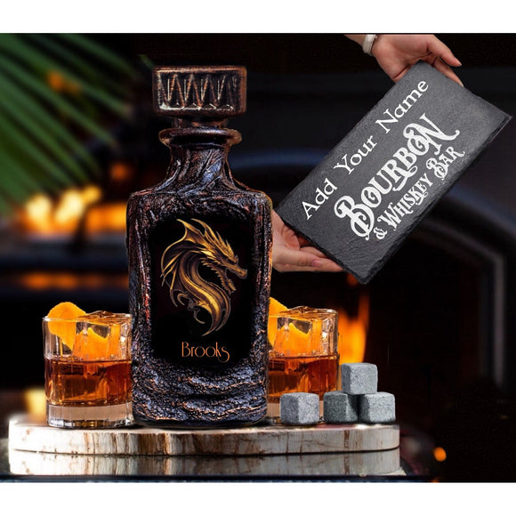 Personalized whiskey decanter set gift box old school fashion scotch bourbon glasses customized barware custom image liquor bottle dragon monogram slate serving tray 