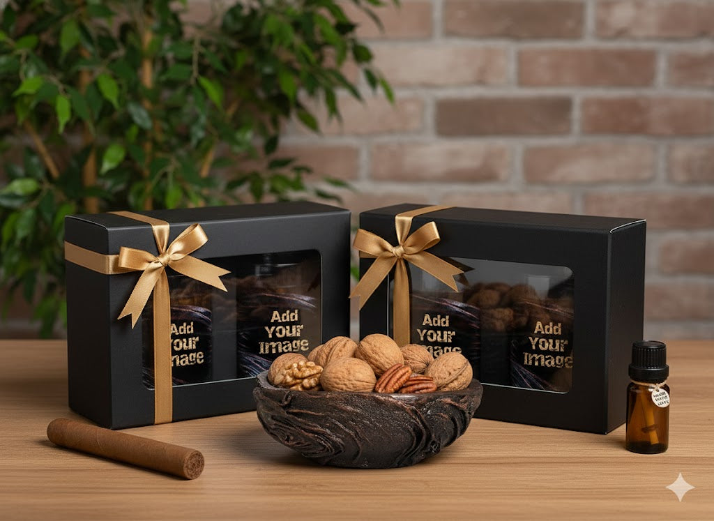Two black gift boxes with gold ribbons and a bowl of nuts on a wooden surface with a brick wall background.