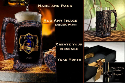 A personalized beer mug set with a police officer motif, accompanied by a tray and two stone coasters, presented in a gift box.