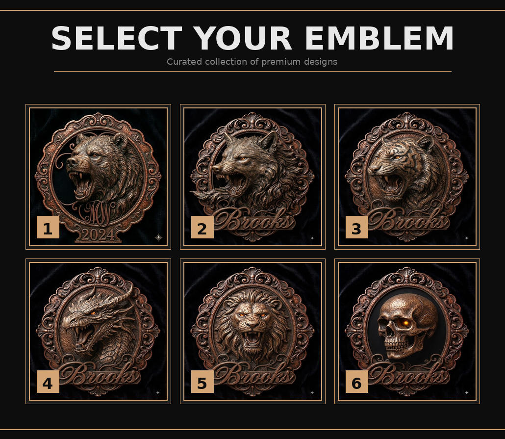 A promotional graphic showing six bronze-toned emblem designs labeled 1 through 6 on a black background, with the headline 'SELECT YOUR EMBLEM' and smaller text 'Curated collection of premium designs.' The emblems feature animal and skull motifs with ornate circular frames and the word 'Brookes' visible on each design.