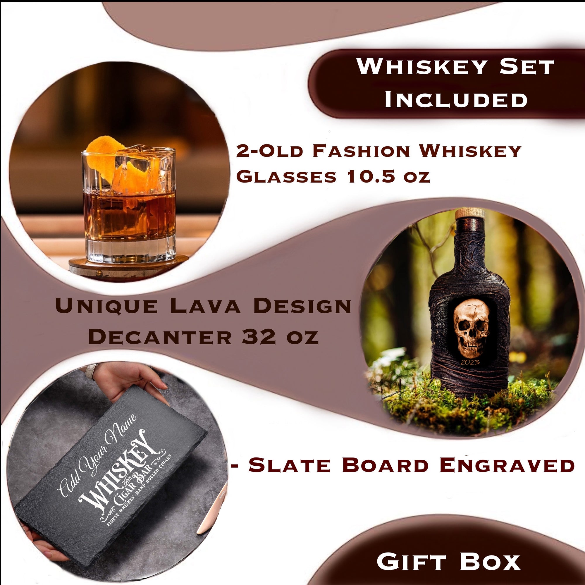 Skull Personalized whiskey decanter set old fashion glasses customized slate wooden serving tray forest barware gift man gift box