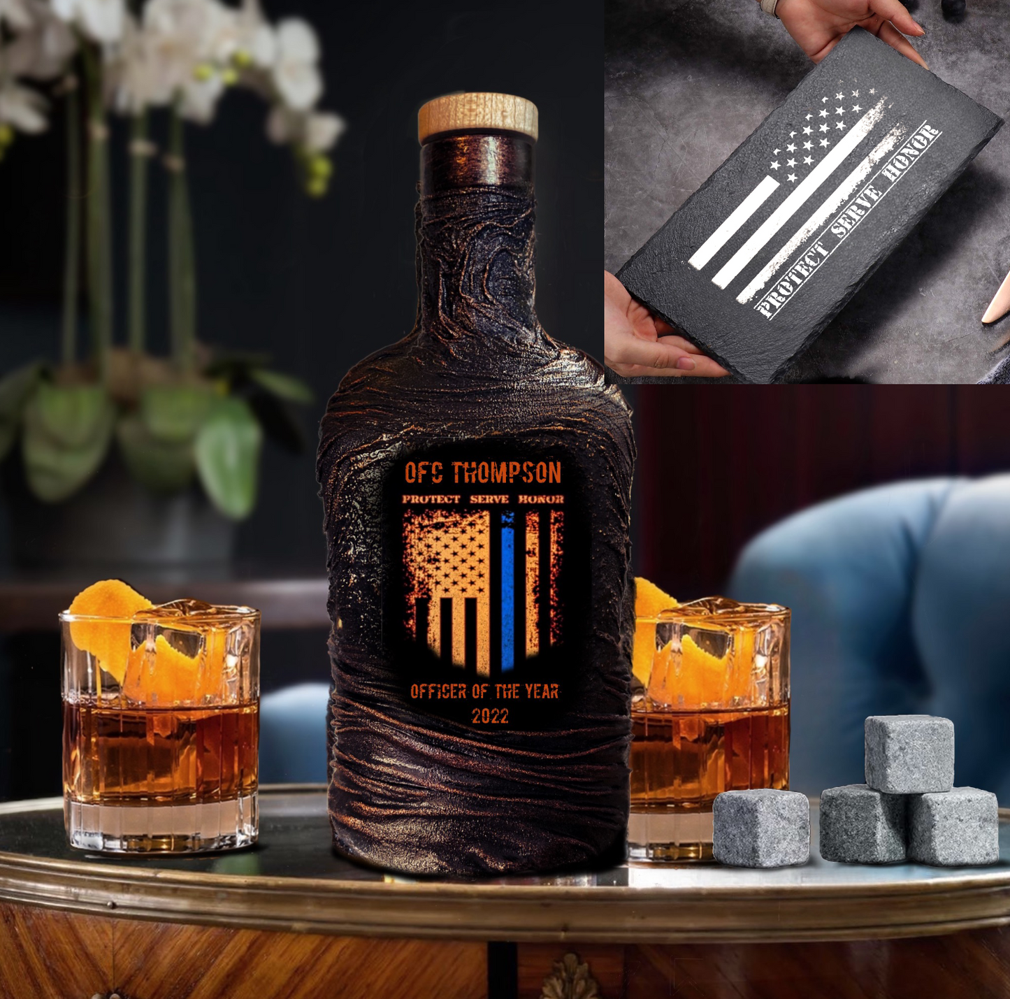 Personalized police officer lava whiskey decanter and glasses set with [design], custom photo image name and date, luxury home bar birthday or wedding gift
