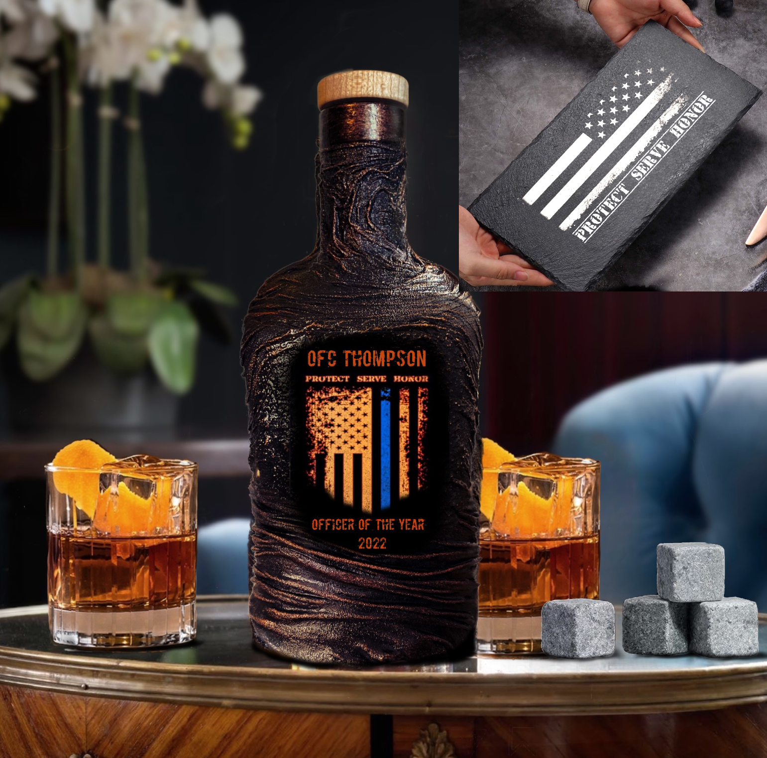 Personalized police officer lava whiskey decanter and glasses set with [design], custom photo image name and date, luxury home bar birthday or wedding gift
