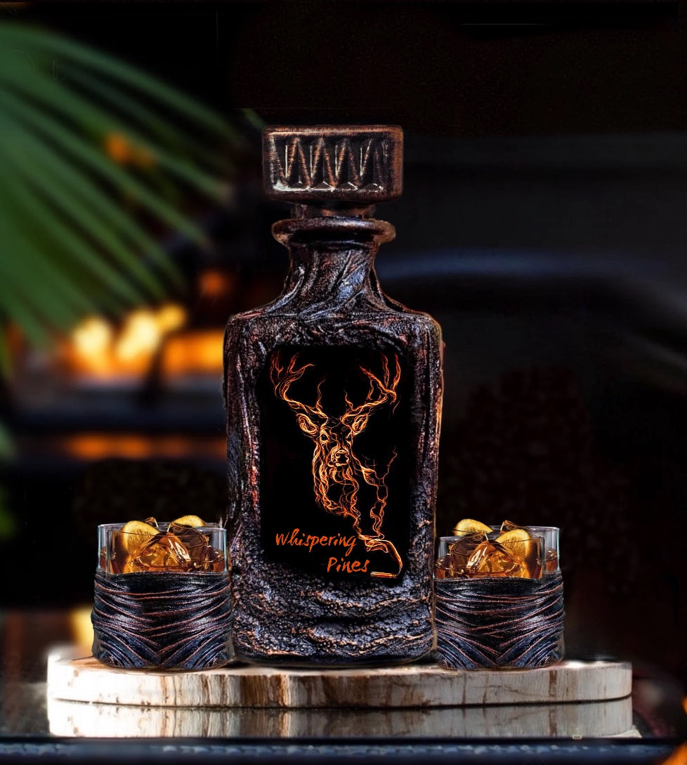 Whiskey Decanter Set with Deer Image Gift for Hunters