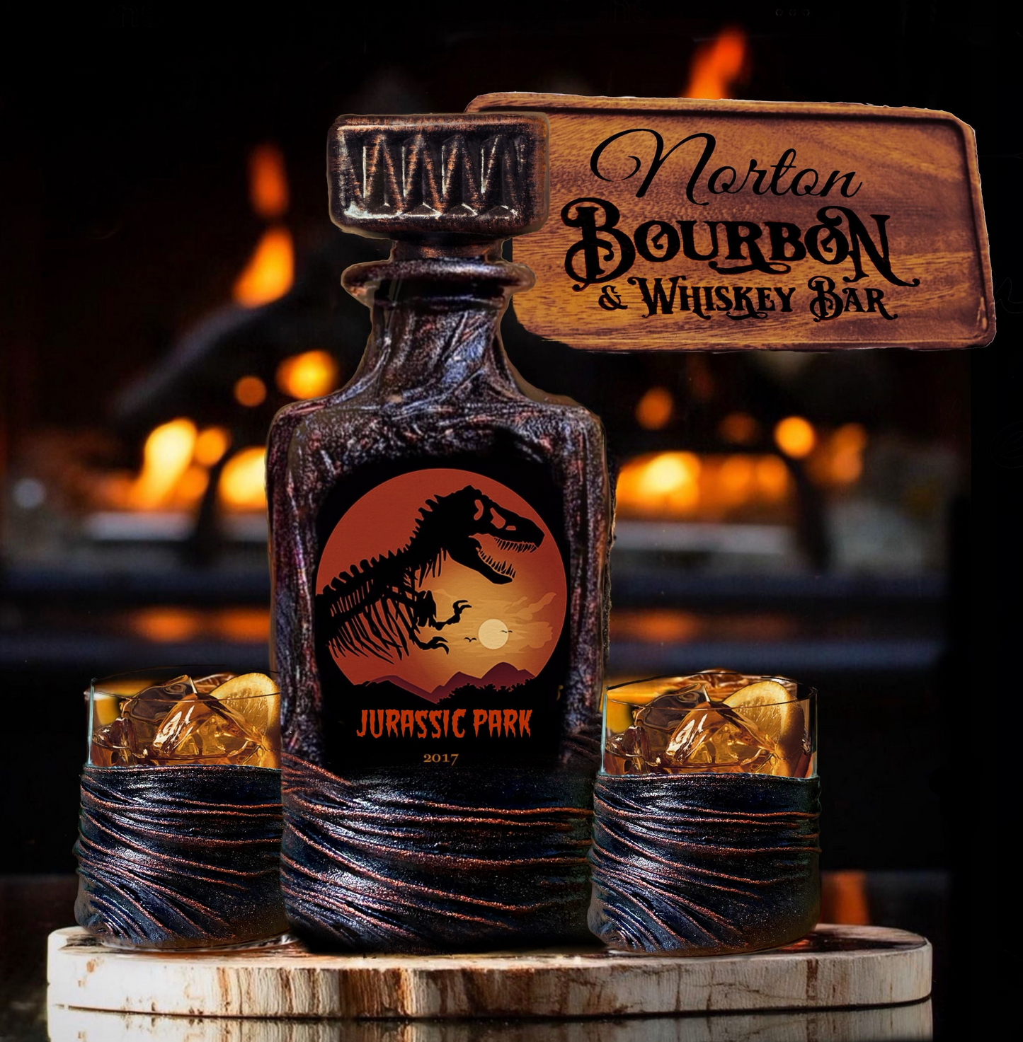 Whiskey decanter set glasses wood serving tray board personalised  Jurassic Park 