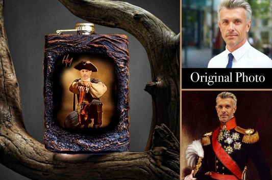 A whiskey flask with a 3D lava design and a custom photo of a historical figure, accompanied by a shot glass and a gift card, set against a rustic background.