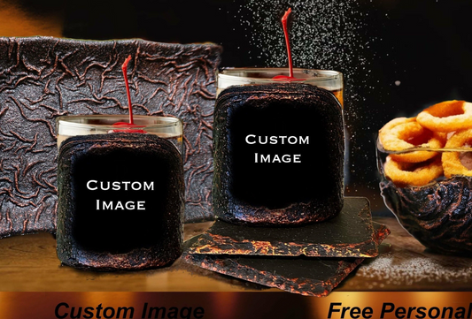 The image showcases a set of two whiskey glasses with 3D lava design, accompanied by a tray with the same design, two stone coasters, and a nuts bowl. The text 'Custom Image' and '3D Lava Design Tray' is visible, indicating the product's customization option.