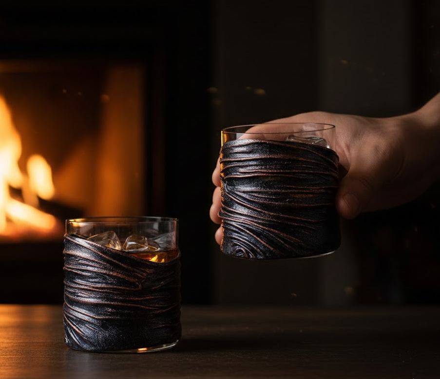Two dark glass tumblers with a textured design held by a hand in front of a fireplace.