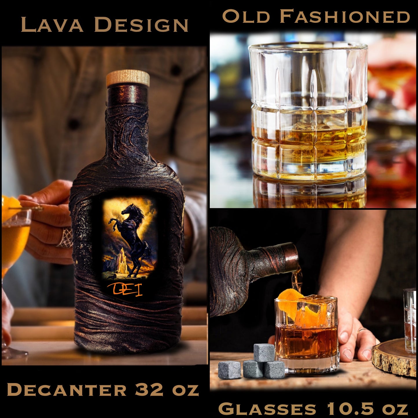 Personalized whiskey horse cowboy western gift decanter set old fashion glasses customized slate wood barware gift man