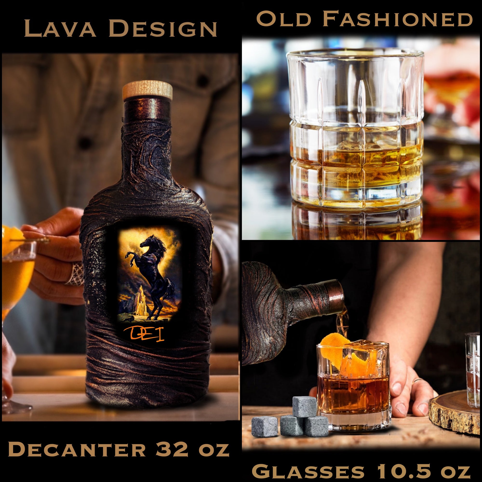 Personalized whiskey horse cowboy western gift decanter set old fashion glasses customized slate wood barware gift man