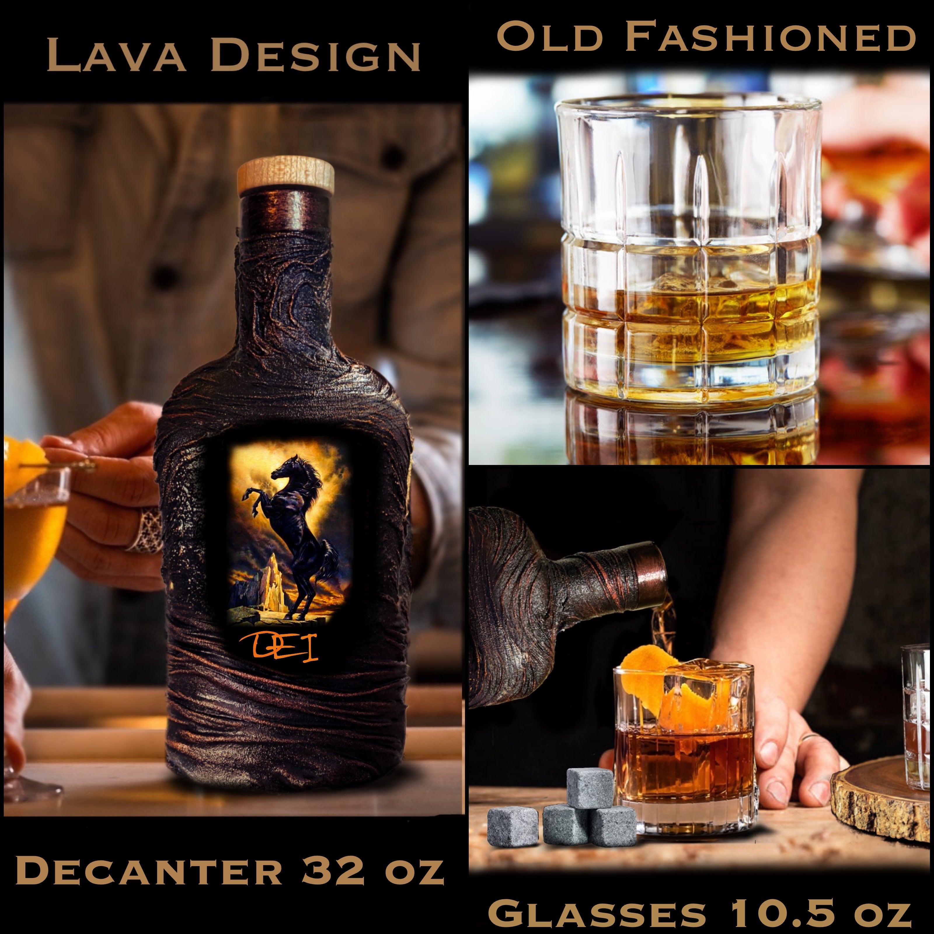 Personalized whiskey horse cowboy western gift decanter set old fashion glasses customized slate wood barware gift man
