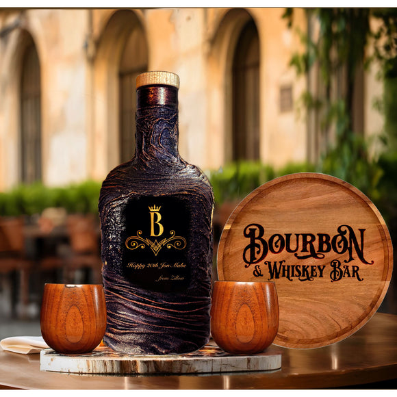Whiskey decanter set wood glasses serving round cutting board tray monogram barware set gift for men husband dad