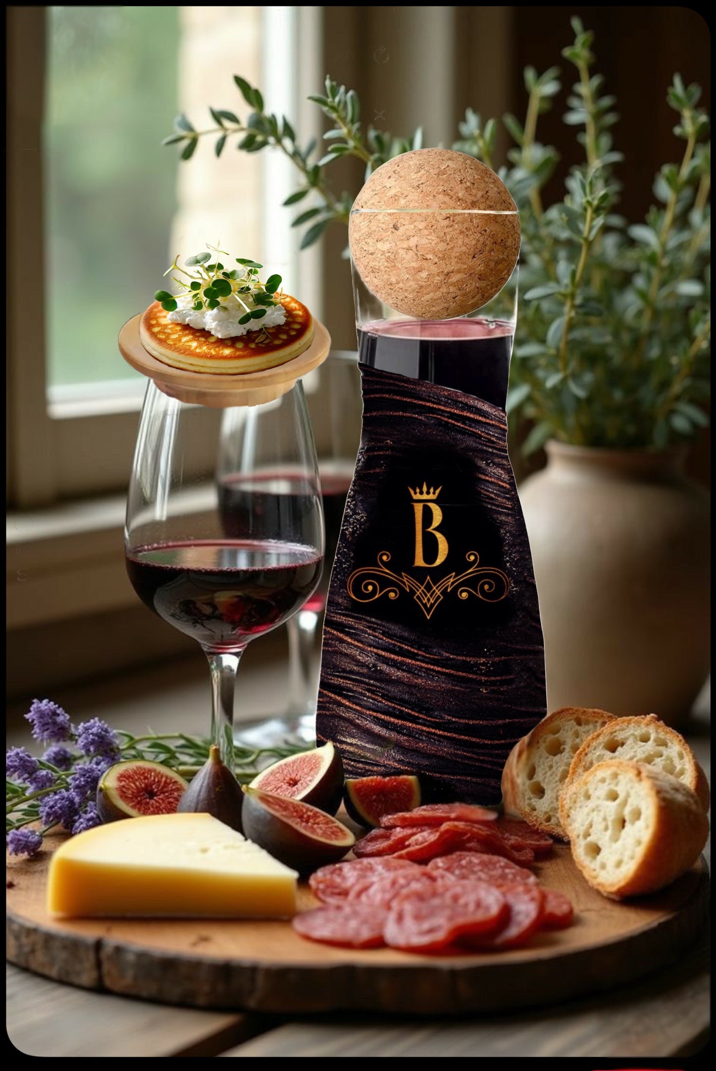Wine bottle with cork stopper on a charcuterie board with wine glass and snacks.