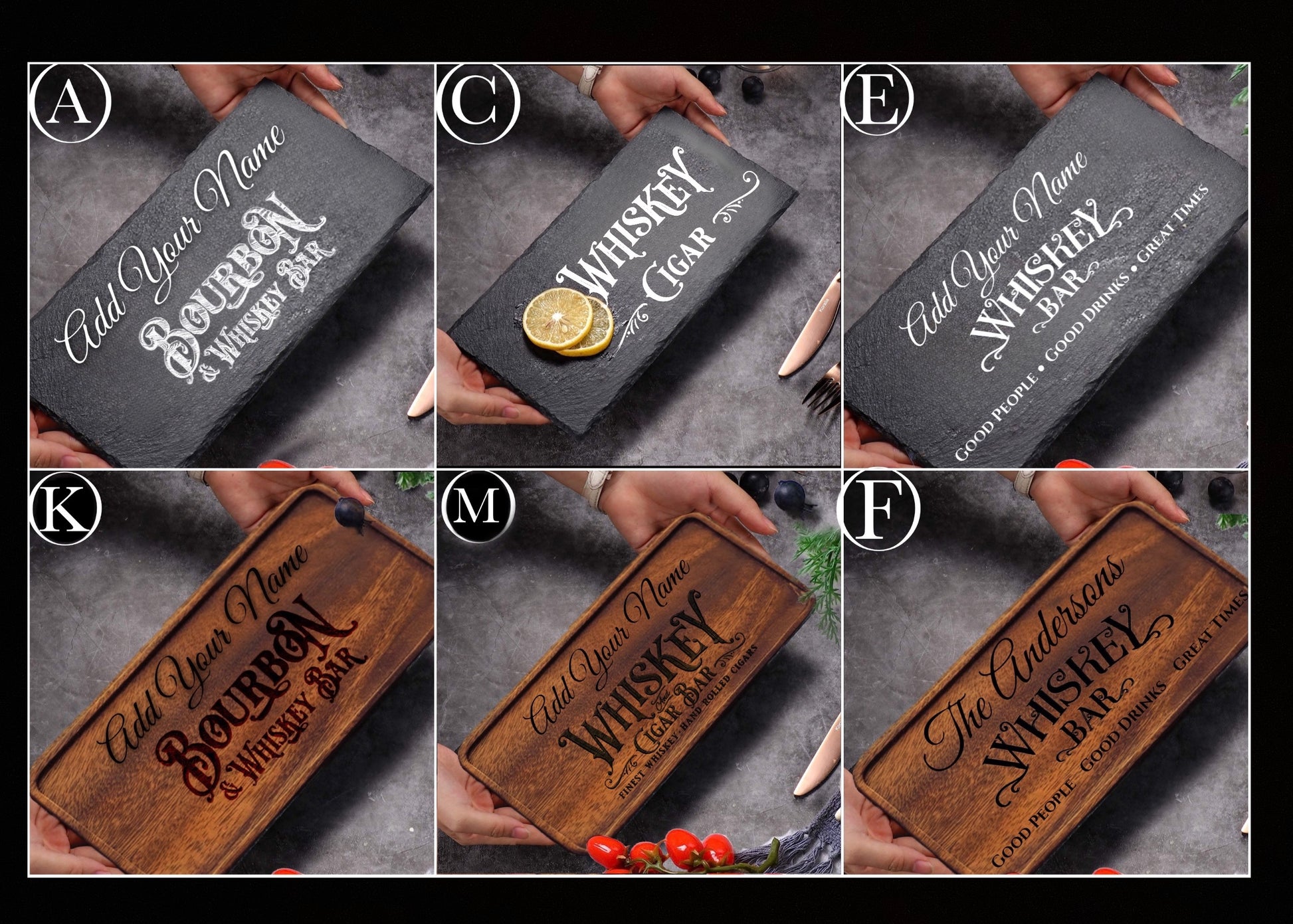 Set of six images showing personalized whiskey labels on different backgrounds.