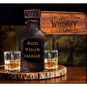 Personalized whiskey decanter set custom photo image old fashion glasses customized serving wooden tray board engraved 