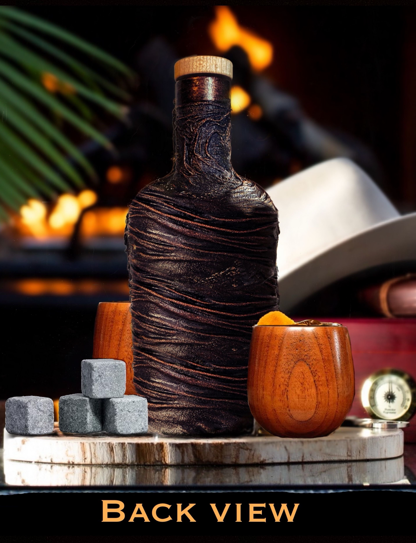 Back view of handcrafted lava whiskey decanter with wood tumbler and granite whiskey stones, premium home bar decor gift for him