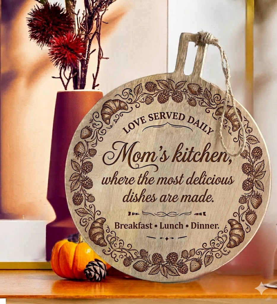 Decorative round sign with engraved text in a home setting cutting board mom kitchen gift croissant raspberry strawberry 
