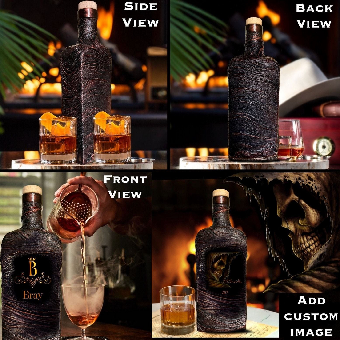 Personalized lava whiskey decanter and glasses set with [design], custom photo image name and date, luxury home bar birthday or wedding gift
