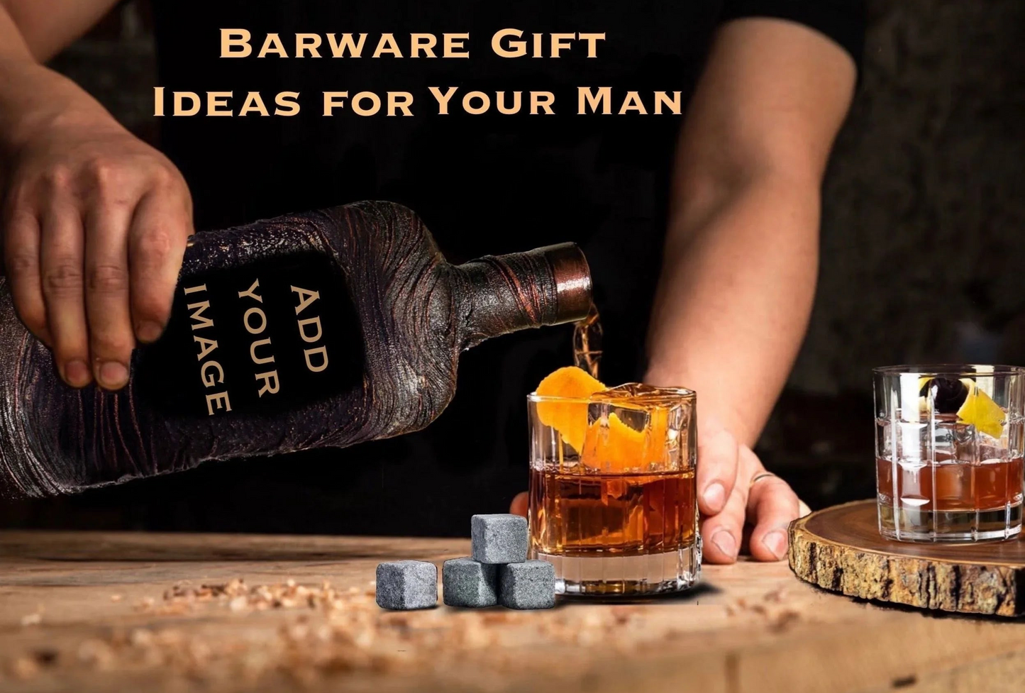 Personalized lava whiskey decanter and glasses set with [design], custom photo image name and date, luxury home bar birthday or wedding gift
