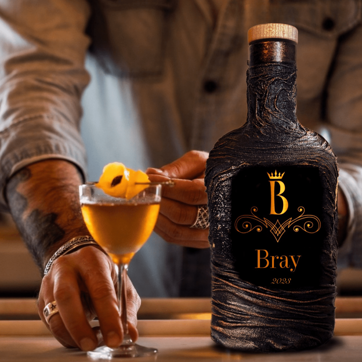 Personalized lava whiskey decanter and glasses set with lava design custom name and date, luxury home bar birthday or wedding gift
