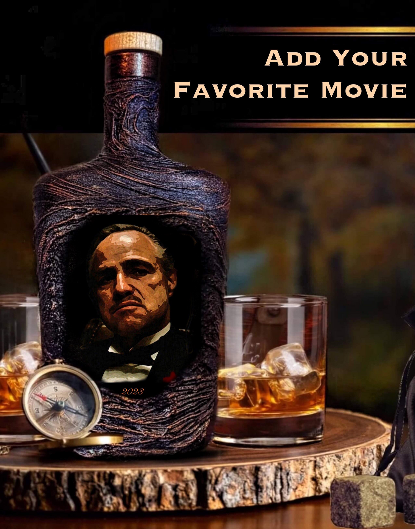 Personalized lava whiskey decanter and glasses set with [design], custom name and date, luxury home bar birthday or wedding gift godfather image 
