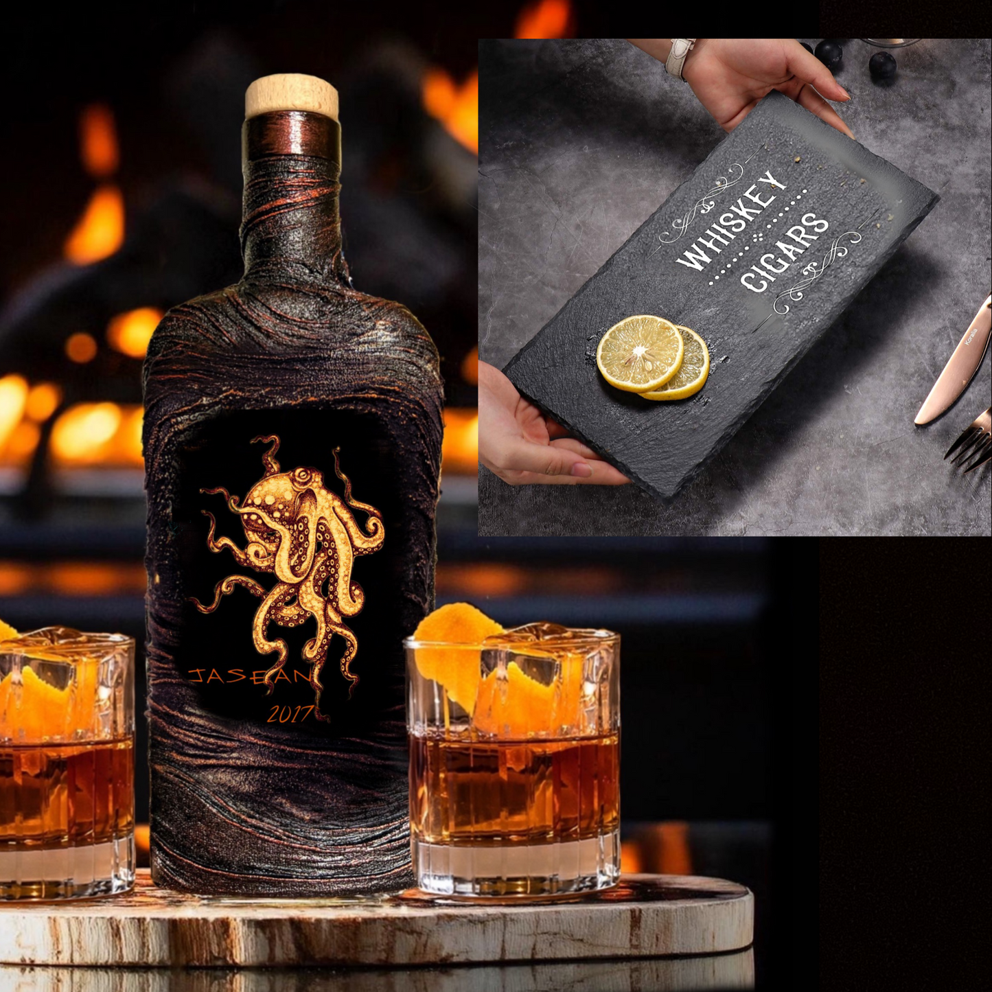 A black whiskey decanter with an octopus design, accompanied by a lemon wedge and a glass of whiskey, presented with a personalized touch on a wooden surface with a blurred fire background.