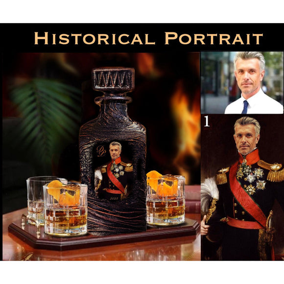 Historical portrait whiskey decanter set glasses photo custom gift 