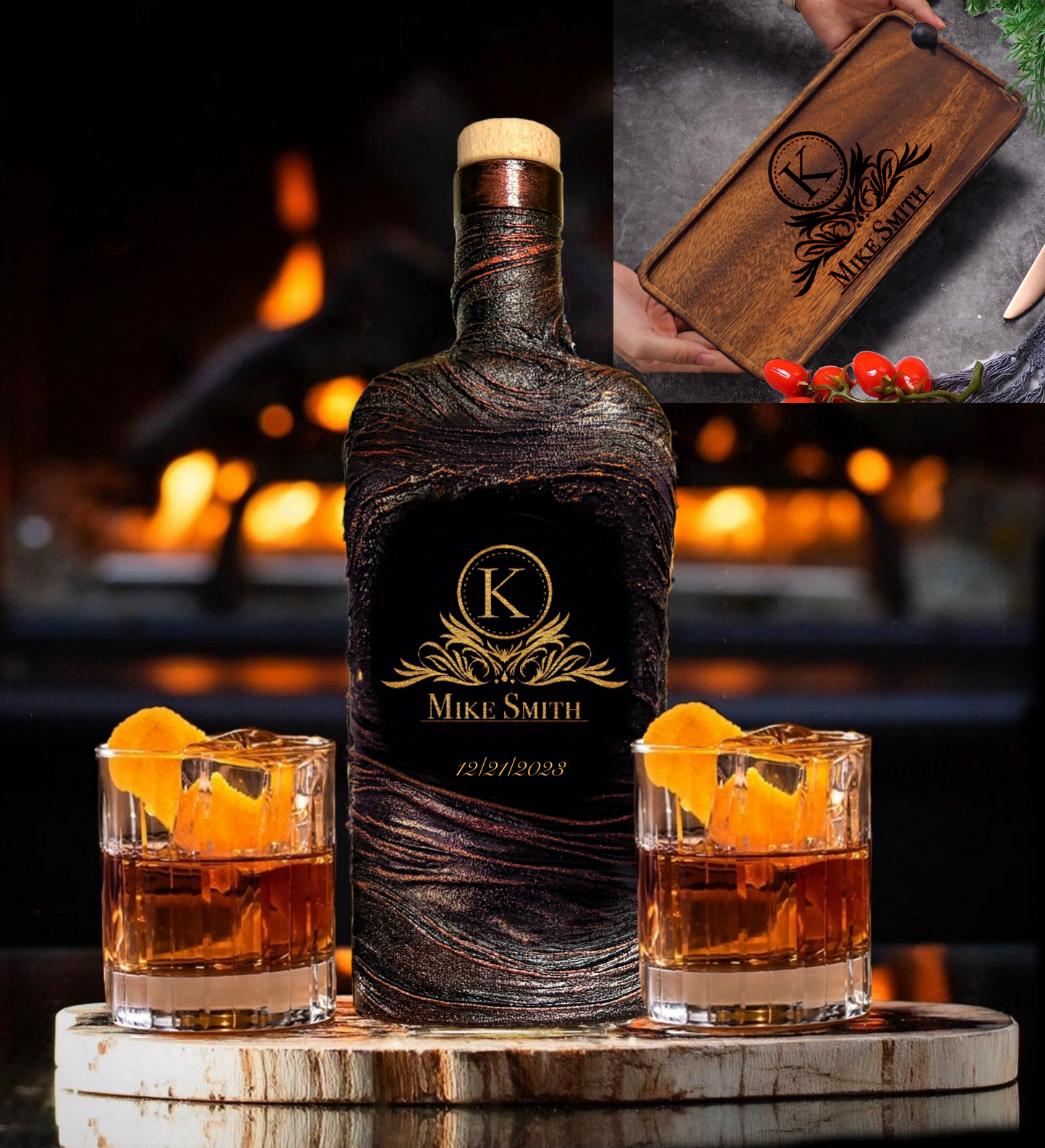 Personalized lava whiskey decanter and glasses set with lava decor custom name and date, luxury home bar birthday or wedding gift skul monogram gift husband dad birthday 