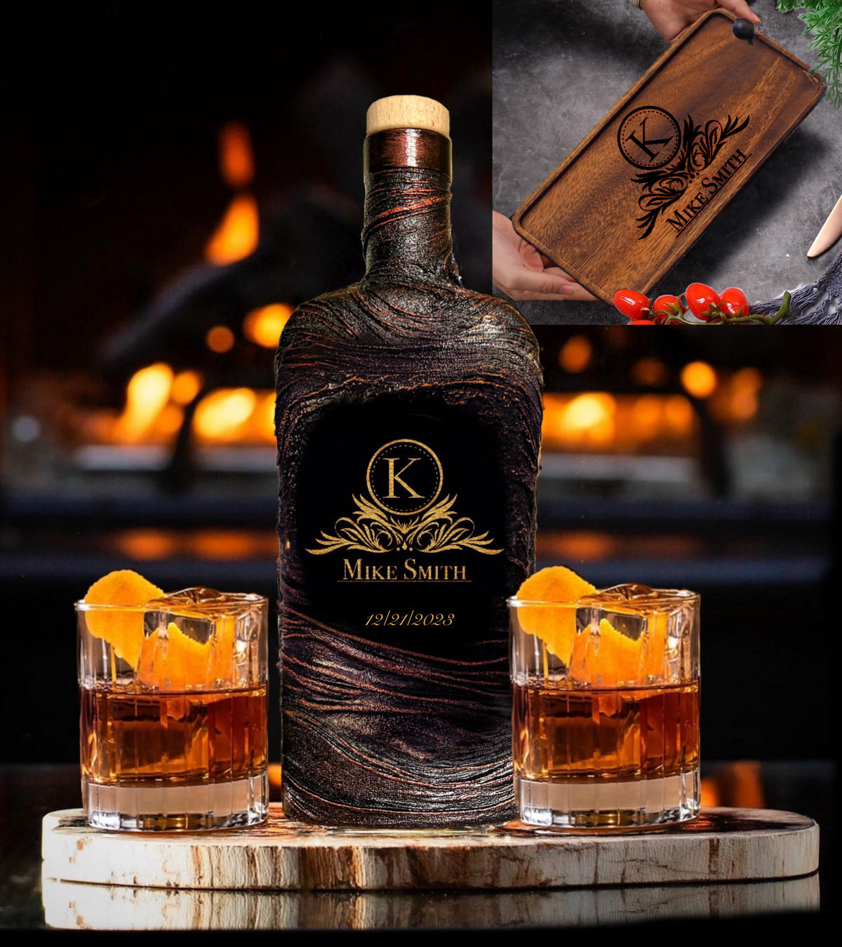 Custom image order Monogram decanter set glasses personalized gift husband dad home bar 