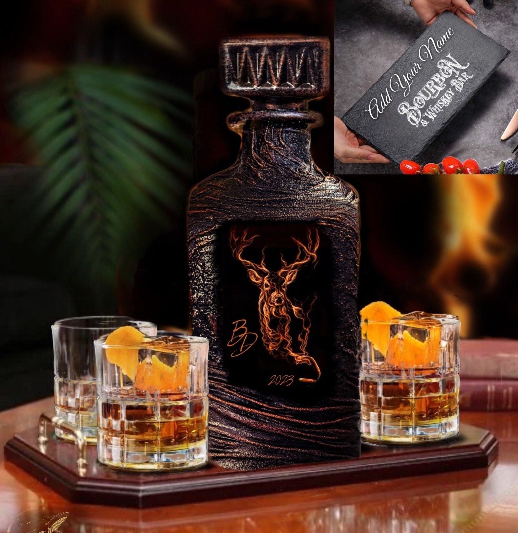 Hunting hunters deer whiskey decanter set home gift bar slate Stone serving tray personalized Customized