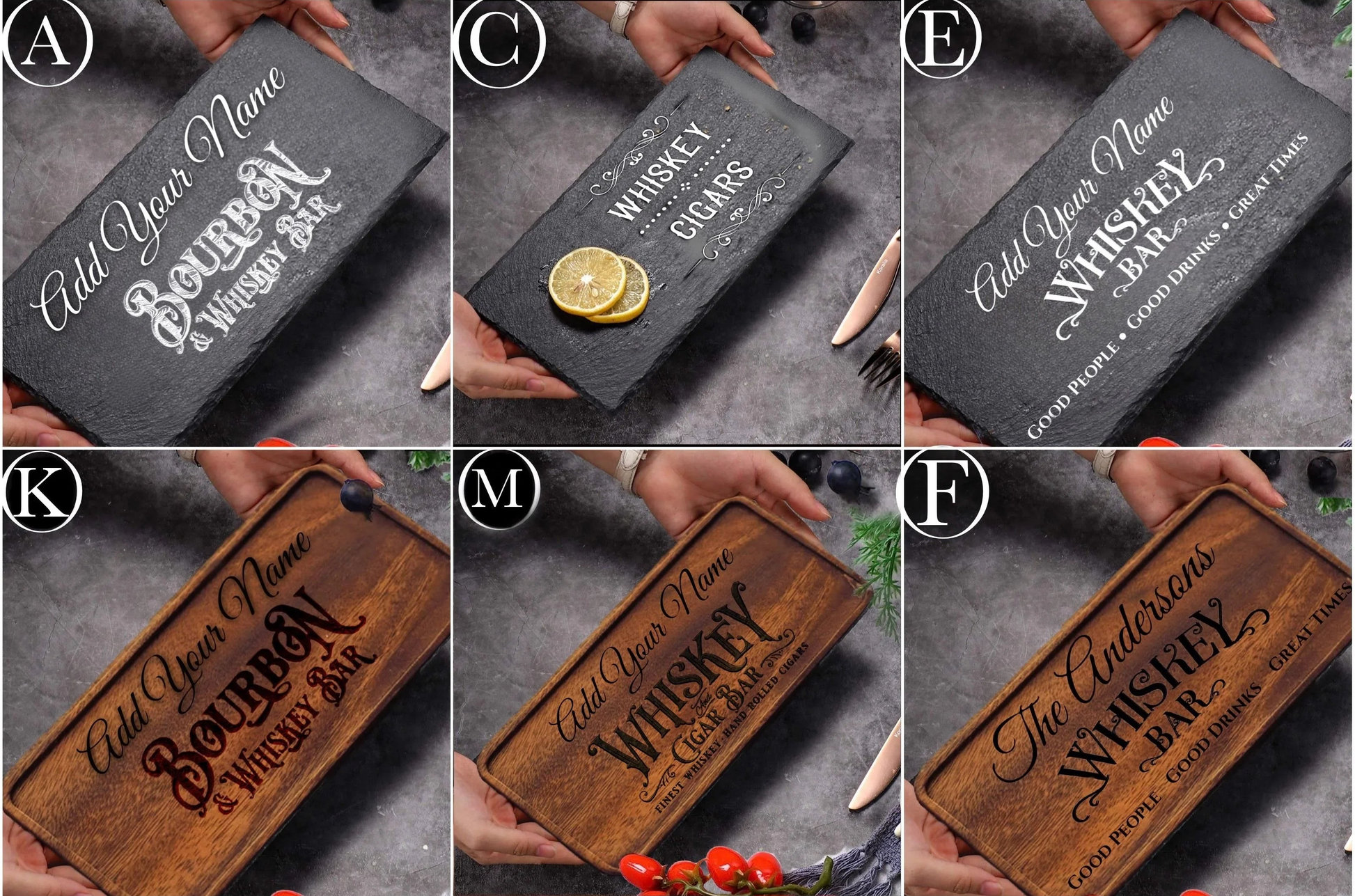 Set of wooden signs with engraved text, suitable for a whiskey bar.