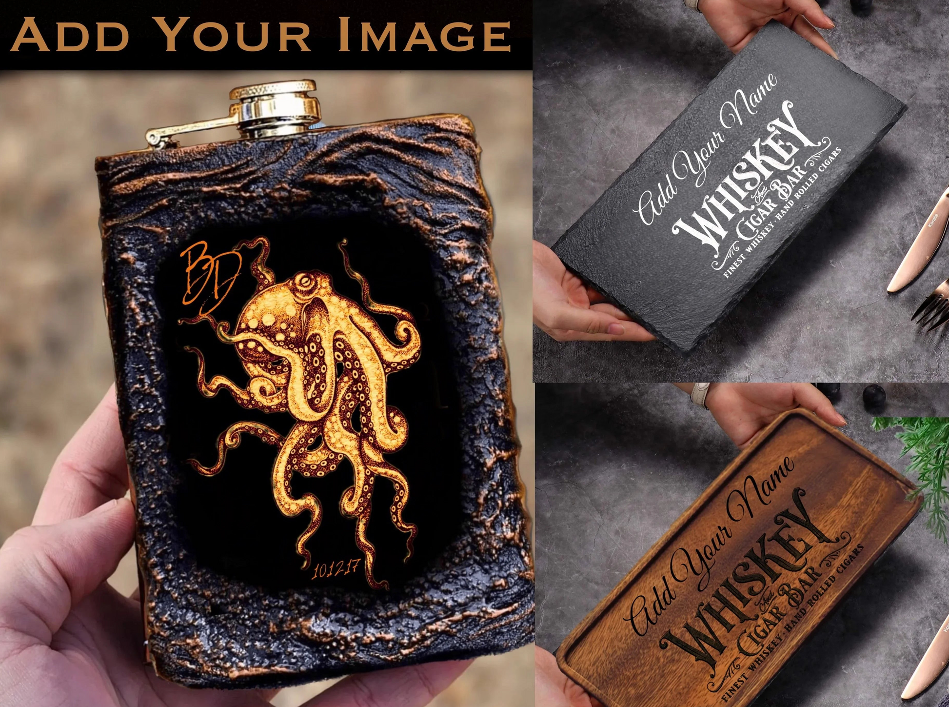 Collage of a personalized whiskey flask and box with engraving.