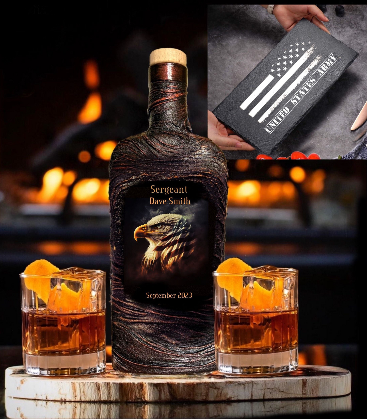 A black, lava-designed decanter with an eagle graphic, accompanied by a whiskey glass and a serving tray, with a cigar ashtray holder. Flames and American flag graphics suggest a military theme.