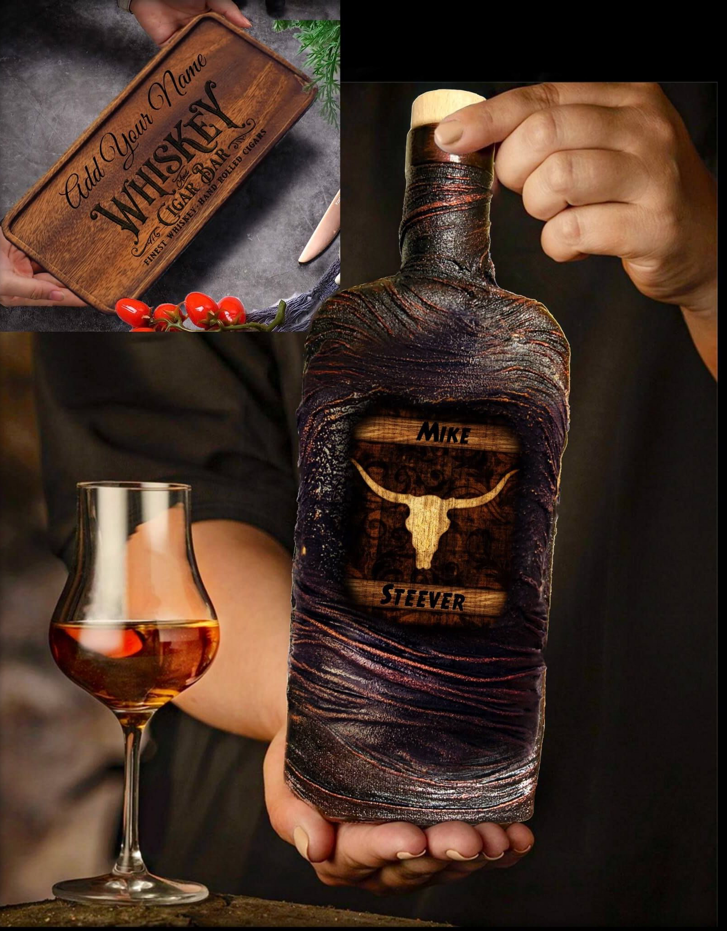 Personalized lava whiskey western cowboy gift decanter and glasses set with lava decor custom name and date, luxury home bar birthday or wedding gift skul monogram gift husband dad birthday 