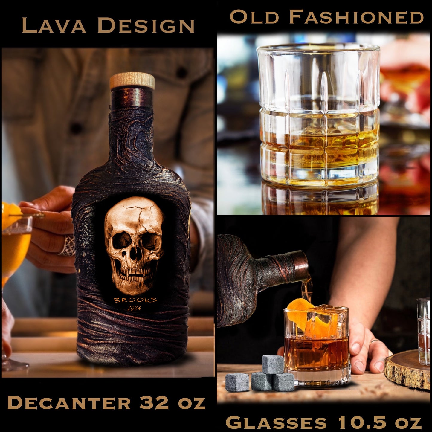 Personalized lava whiskey skull decanter and glasses set with lava decor custom name and date, luxury home bar birthday or wedding gift skul monogram gift husband dad birthday 