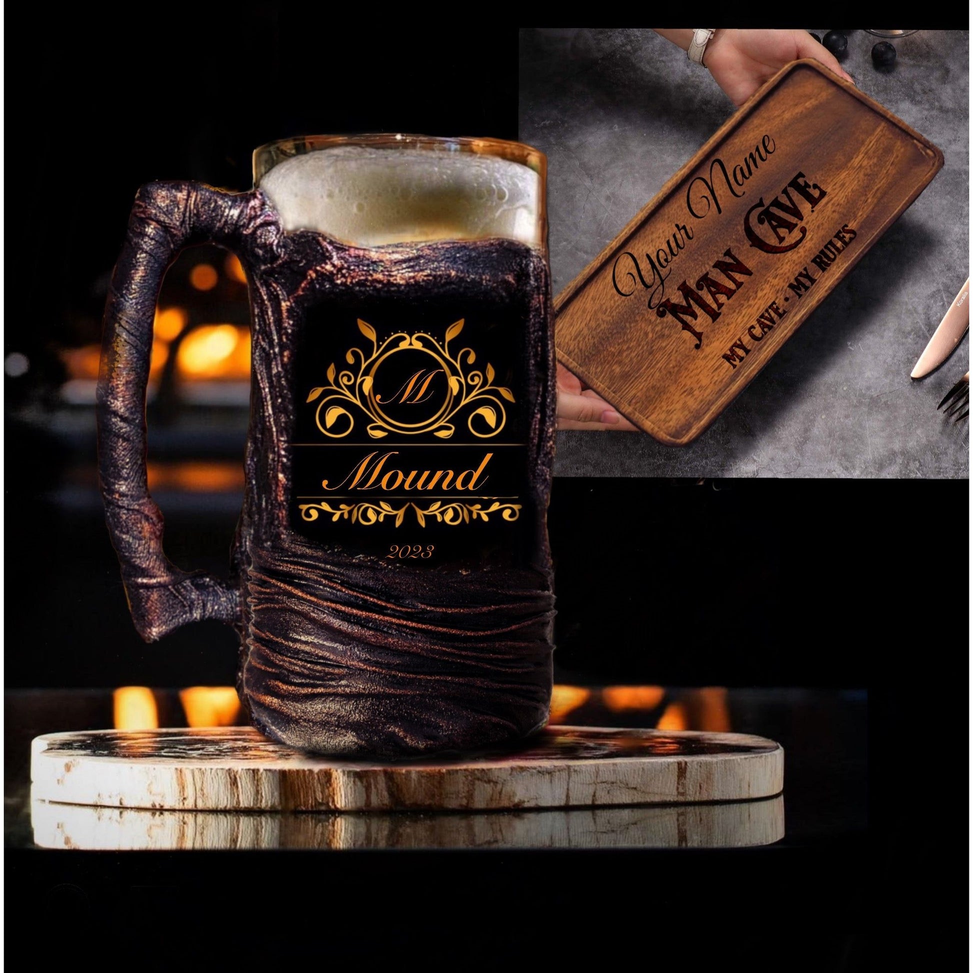 Beer mug personalized monogram customized man cave gift wood tray custom