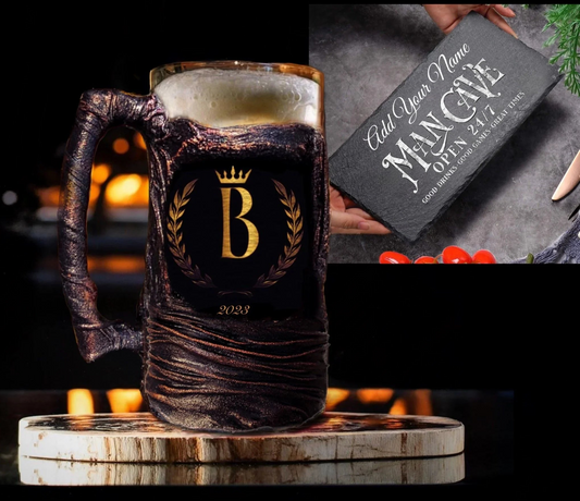 Monogram Beer Mug Set | Anniversary Gift For Him | Stone Plate