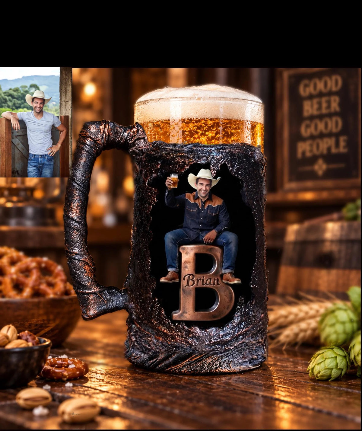 Personalized Beer Mug with Your Photo | Funny Custom Beer Stein with Initial | Handmade Beer Tankard with Name | Gift for Men, Beer Lover